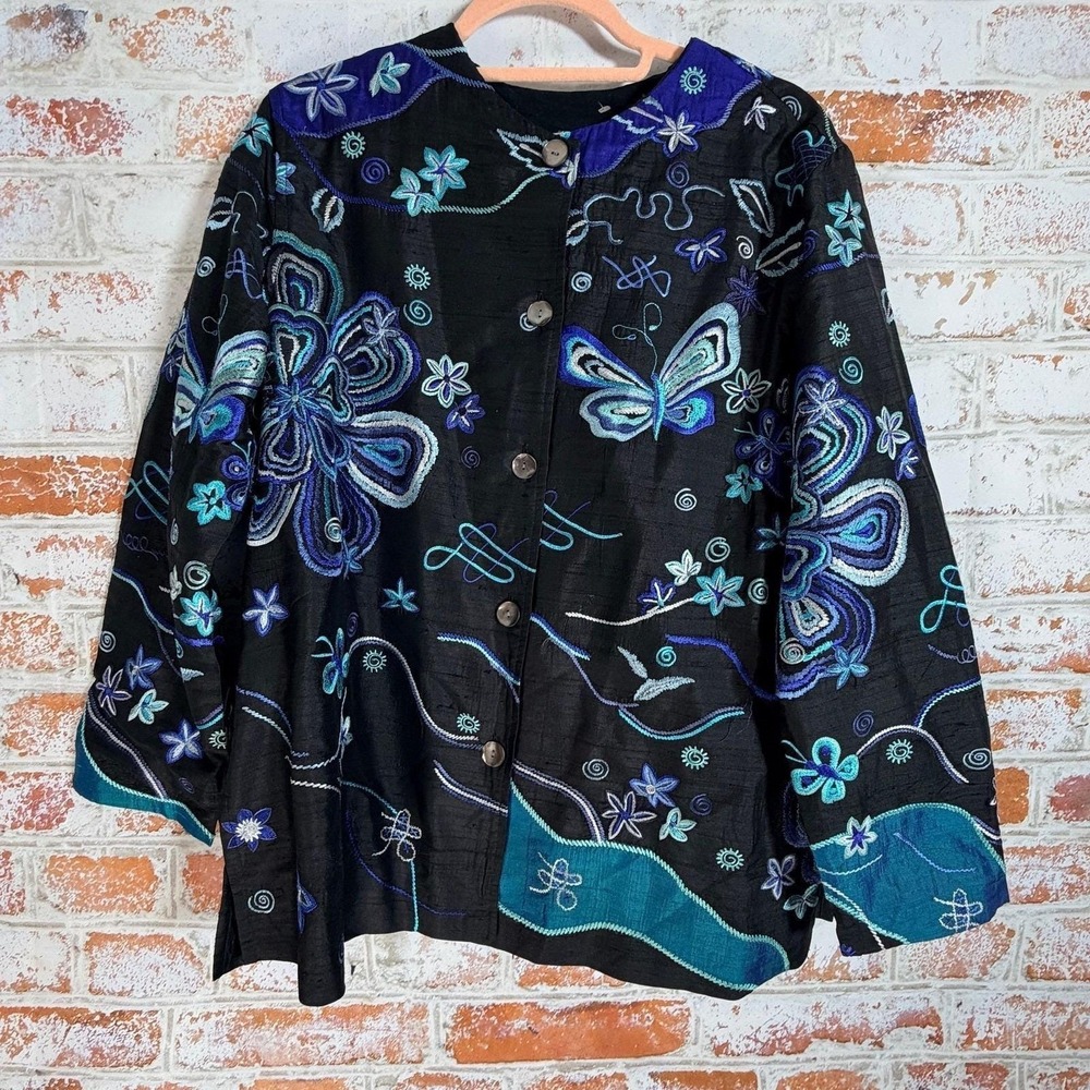 Embroidered Butterfly Floral Jacket Women L Black Blue Boho Art Wear